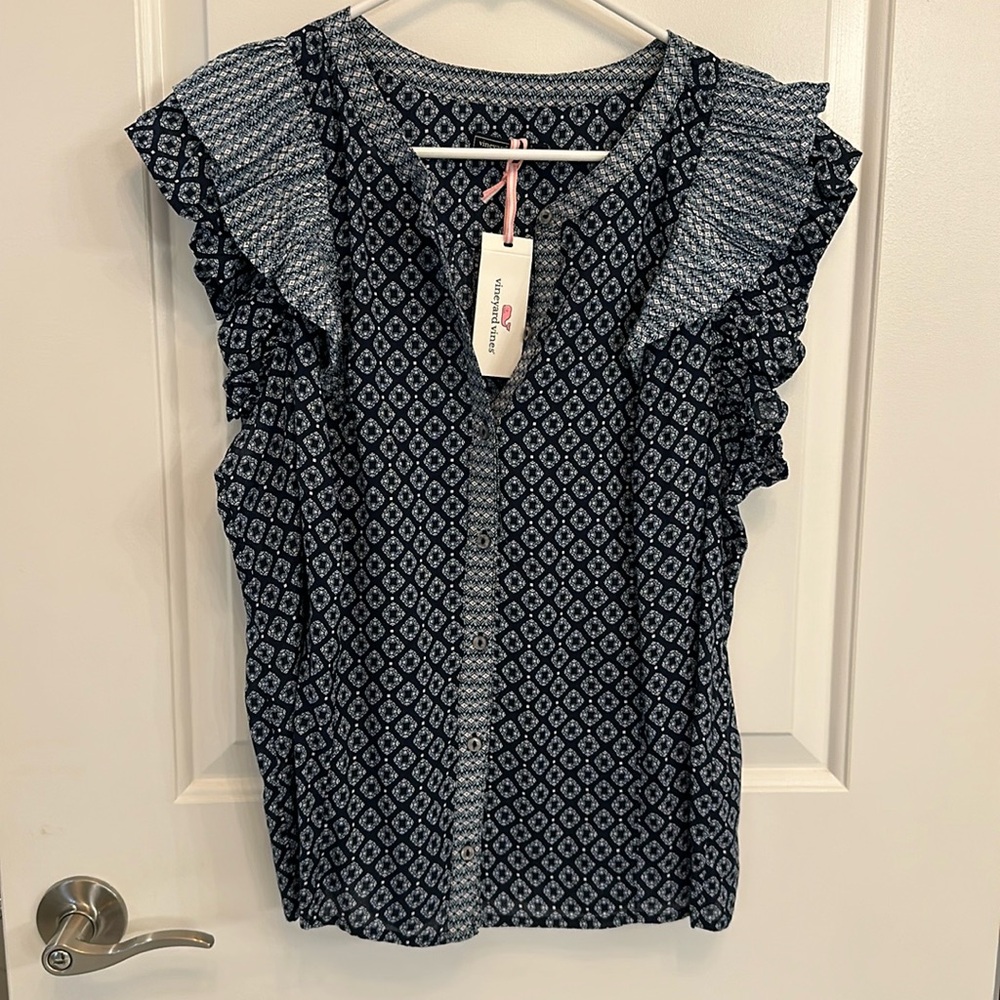 Vineyard Vines Flutter Sleeve Top Blue white Medium NWT